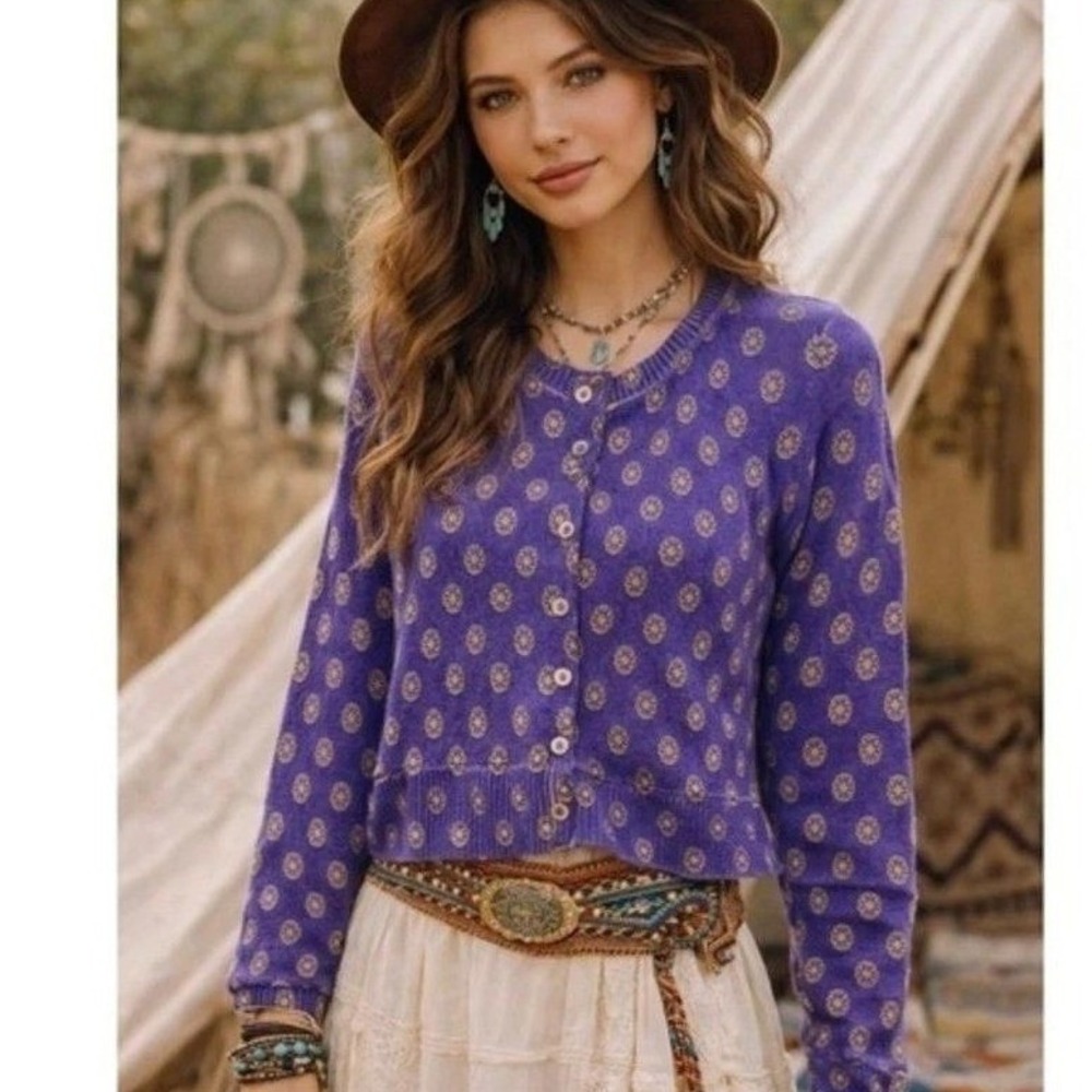 NEW Free People Nocturnal Wool Cashmere Floral Medallion Cardigan Navy Large